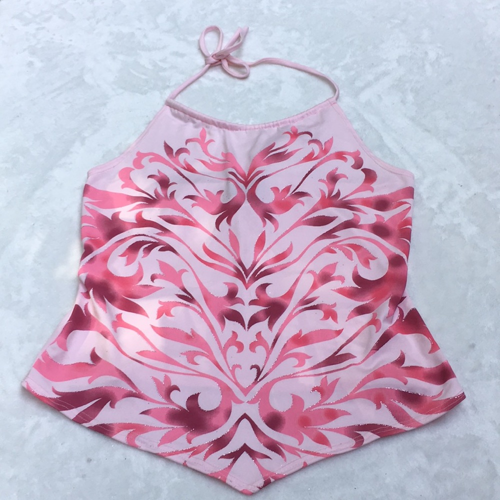 Pink Silver Filigree tie neck top